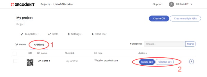 QRCK - Delete or reactivate QR