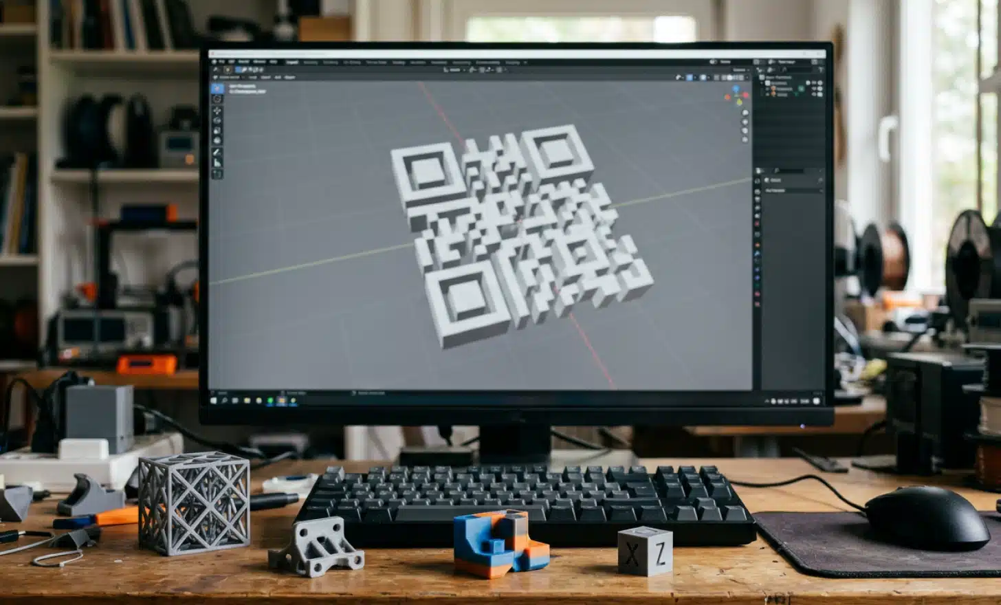 3D modeling software showing an extruded QR code pattern as 3D geometry
