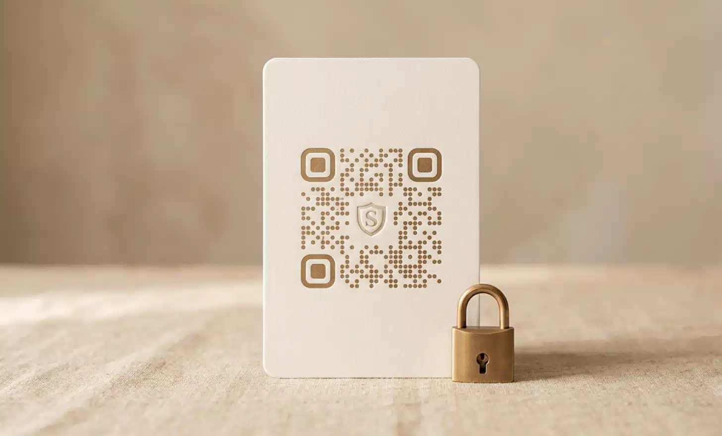 A QR code card beside a small padlock motif in a clean studio still life.