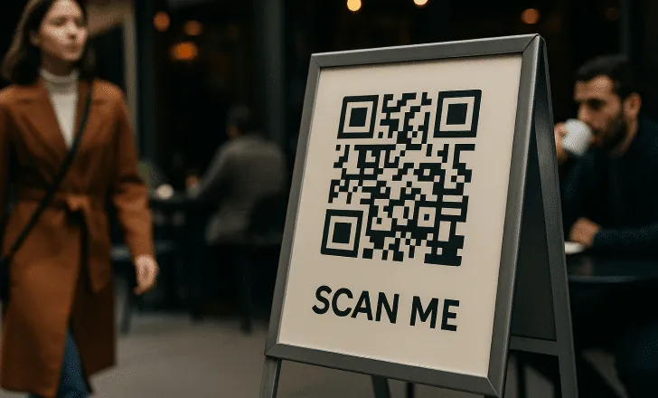 A QR code poster displayed on a metal stand outside a café, with people walking and sitting in the background.