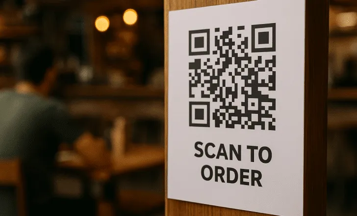 A QR code sign for digital ordering displayed in a cozy café, symbolizing paperless menus and efficient customer service