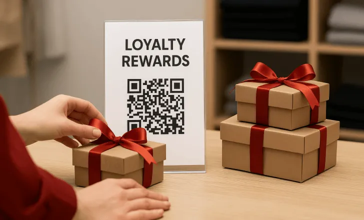A QR code sign for loyalty rewards next to gift boxes with red ribbons on a wooden table.