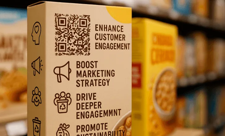 A cereal box with customer engagement icons.