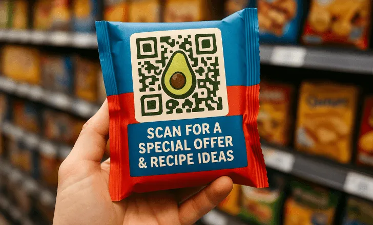 A close-up of a person holding a red-and-blue snack wrapper with an avocado-themed QR code.