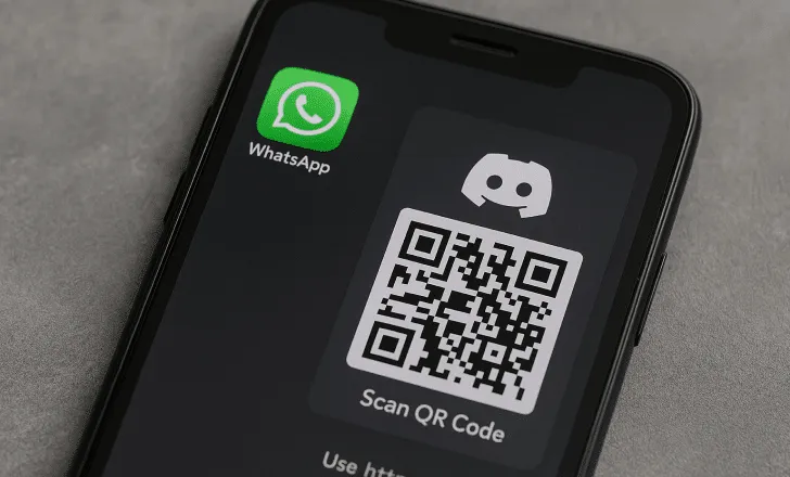 A close-up of a smartphone showing Discord’s QR login next to the WhatsApp icon on a gray surface.