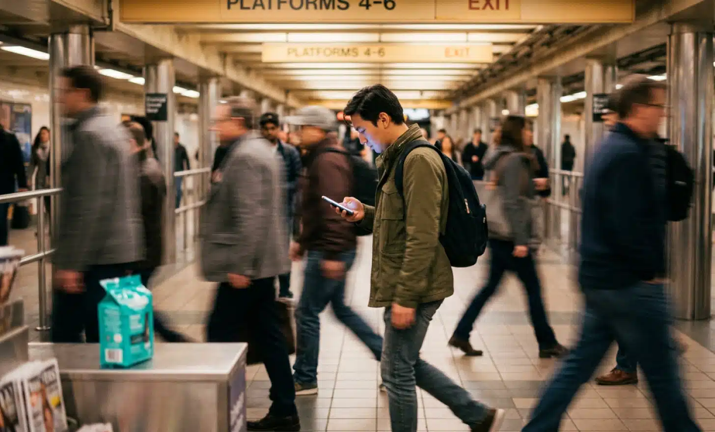 A commuter glancing at their phone while walking through a crowded station, showing how mobile scanning happens quickly and without caution.