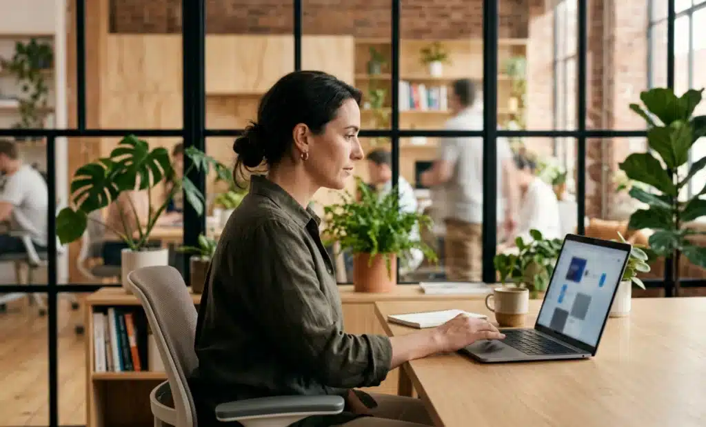 A coworking space manager updating settings on a laptop by a sunlit window in the afternoon.