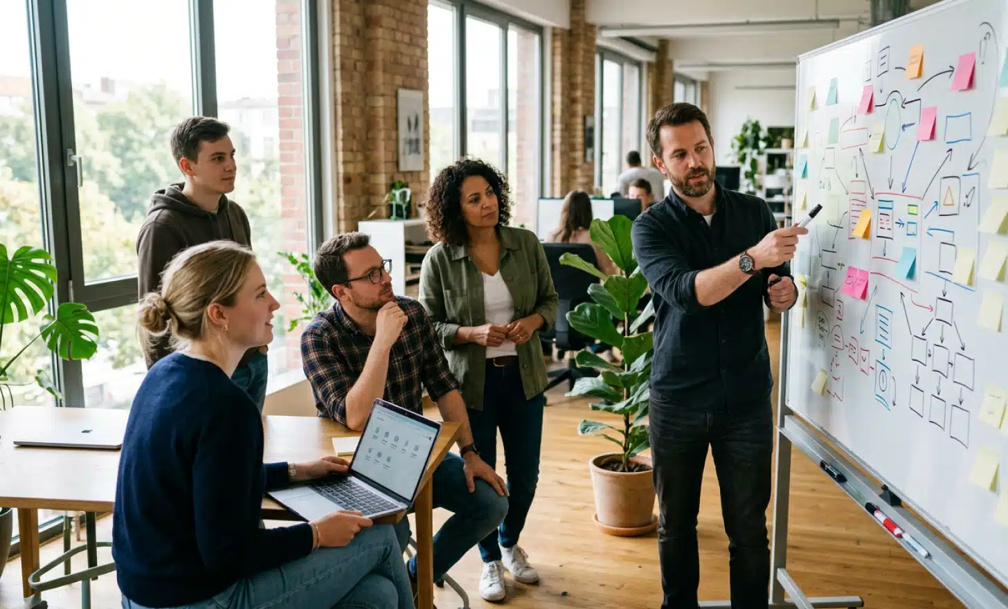 A cross-functional team planning around a whiteboard with sticky notes and diagrams in a bright office.