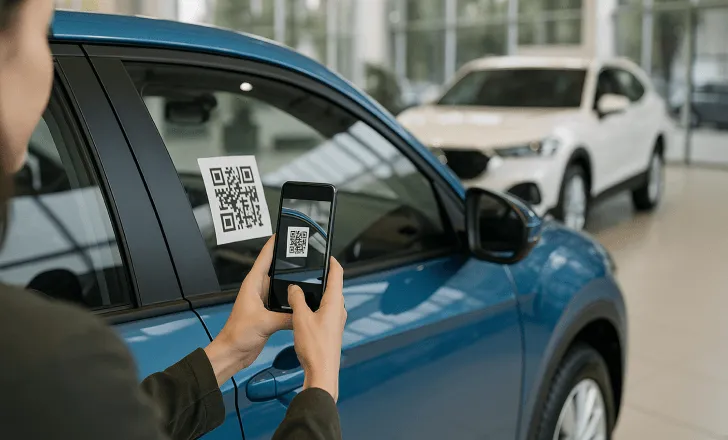 A customer scans a QR code sticker on a car window inside a dealership showroom