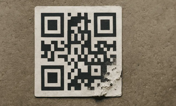 A damaged QR code label stuck on rough gray concrete, showing tears on the lower edge while the code remains readable.