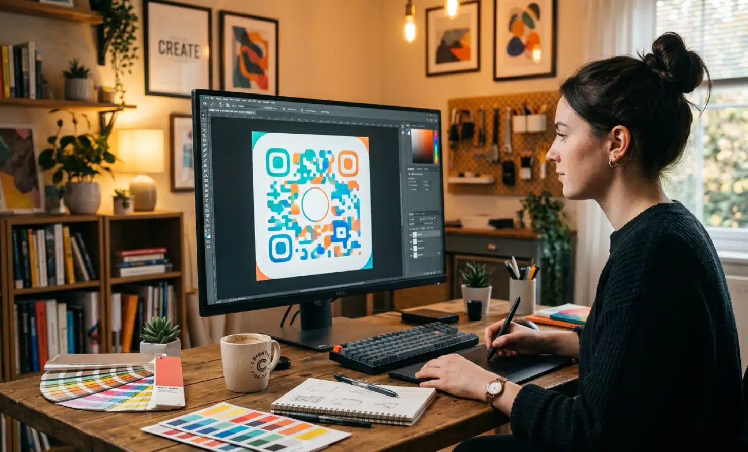 A designer customizing a colored, branded QR code on a monitor.