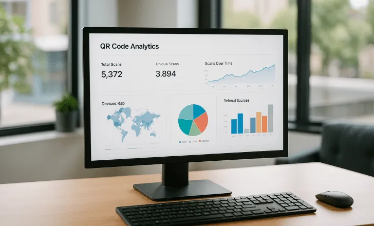 A desktop monitor displays QR code analytics with charts and scan metrics in a modern office setting.