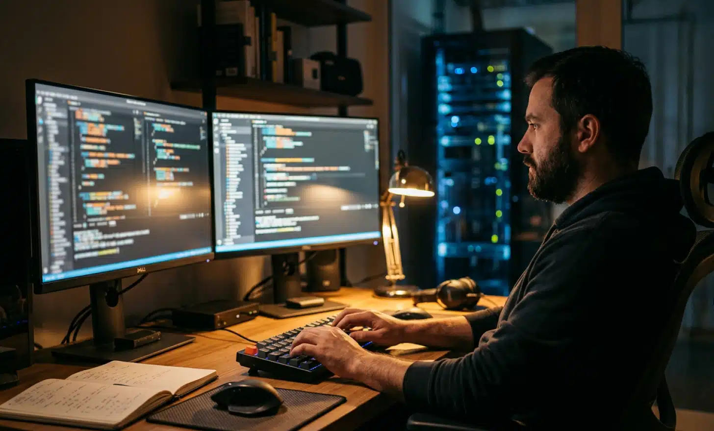 A developer working at a dual-monitor setup with code on screen and servers behind.
