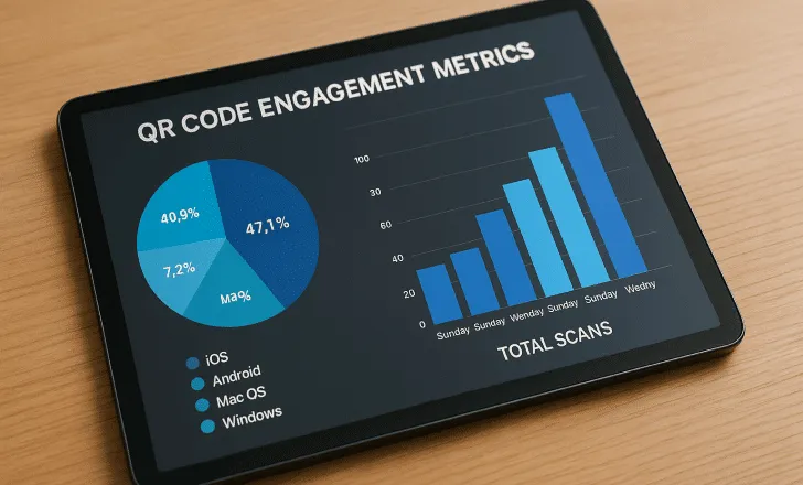 A digital tablet displays QR code engagement metrics, including pie and bar charts, on a wooden desk with natural lighting.