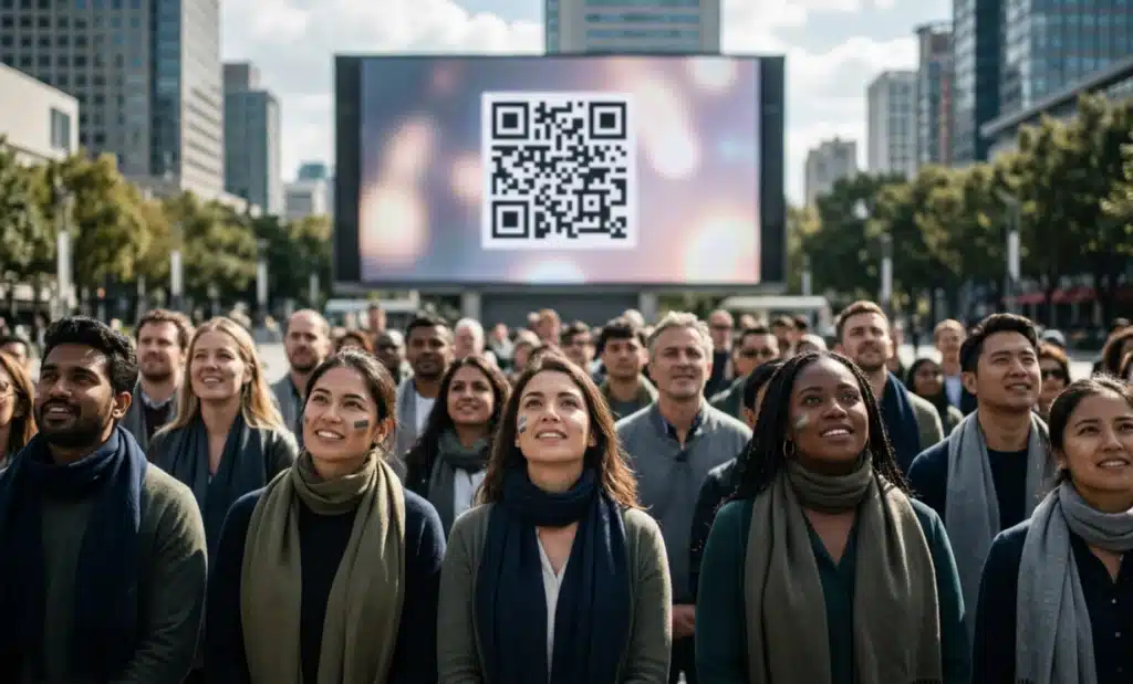 A diverse international crowd gathers at an outdoor fan plaza in front of a large screen.