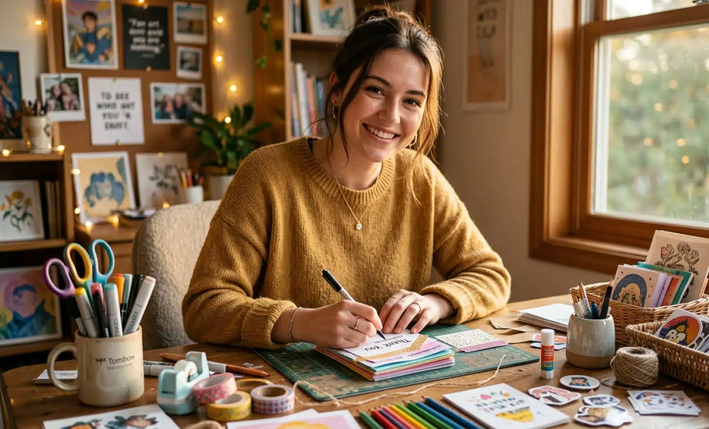 A fan smiling while finishing a stack of handmade freebies at a desk surrounded by craft supplies in golden-hour light.