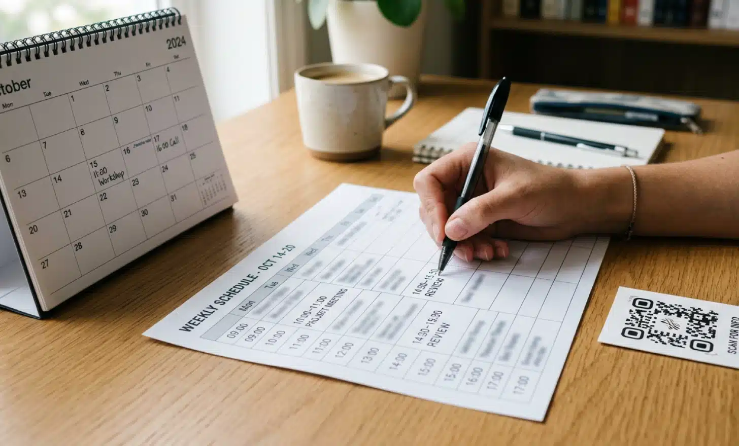 A hand annotating a printed schedule beside a calendar, illustrating a sample QR retention schedule.