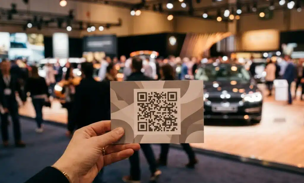 A hand holding a printed companion card with a QR code at a busy auto show stand in the evening, crowd blurred behind.