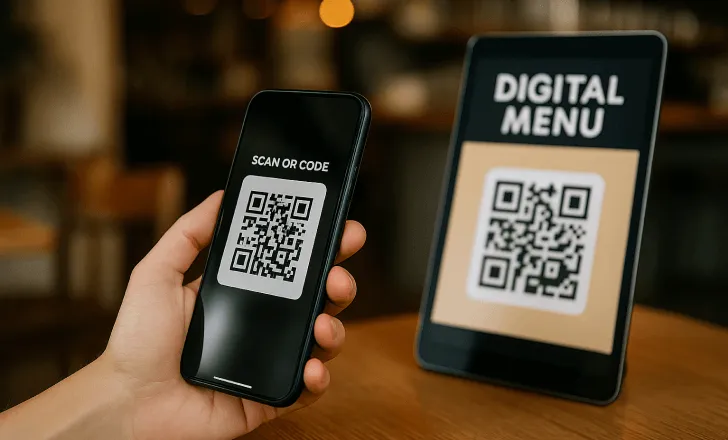 Una mano sosteniendo un teléfono inteligente escaneando un código QR de un menú digital que se muestra en una tableta en un café acogedor.