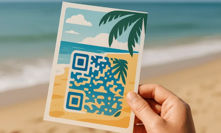 Une main tient un flyer sur le thème de la plage avec un QR code artistique intégré dans un design tropical