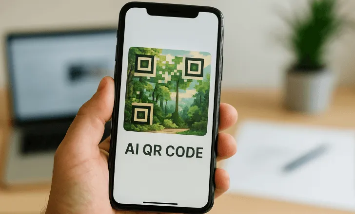 Une main tient un téléphone montrant un QR code IA avec un design de paysage forestier vert