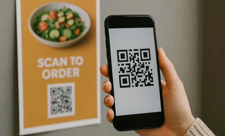 A hand holds a smartphone displaying a QR code in front of a restaurant poster that reads _Scan to order_ with a photo of a salad.