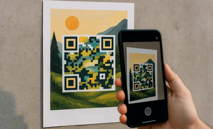 Une main tient un smartphone scannant un QR code IA sur le thème du paysage sur un flyer