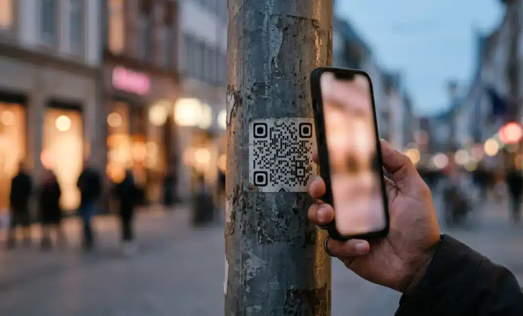 A hand scanning a QR code sticker on a lamppost in a city street at dusk