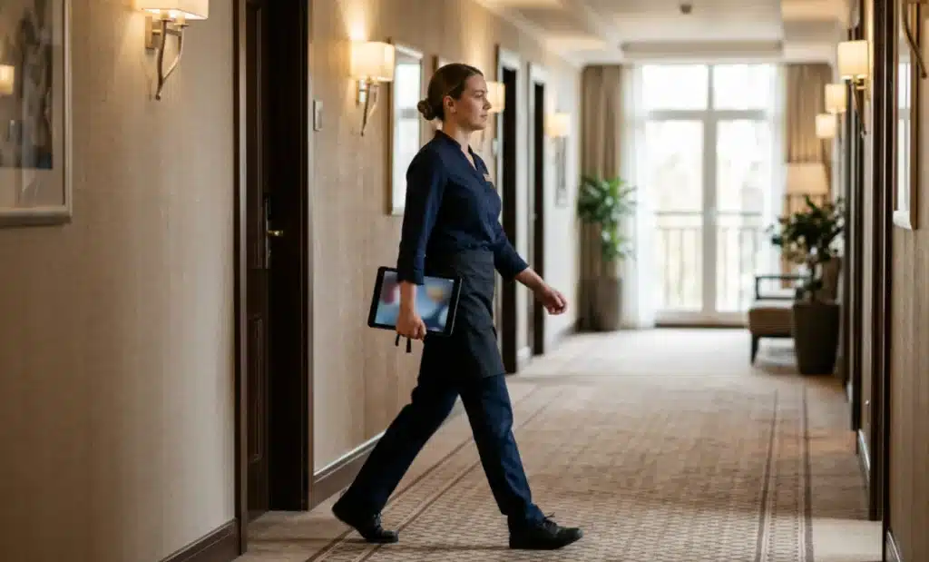 A hotel staff member walking a corridor at midday holding a tablet.