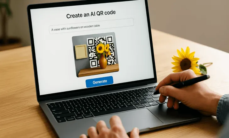 Un ordinateur portable affichant une interface de génération de QR code IA avec une instruction de vase de tournesol