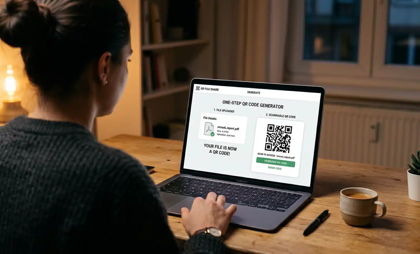 A laptop screen showing a QR code generator with a newly created code beside an uploaded file.