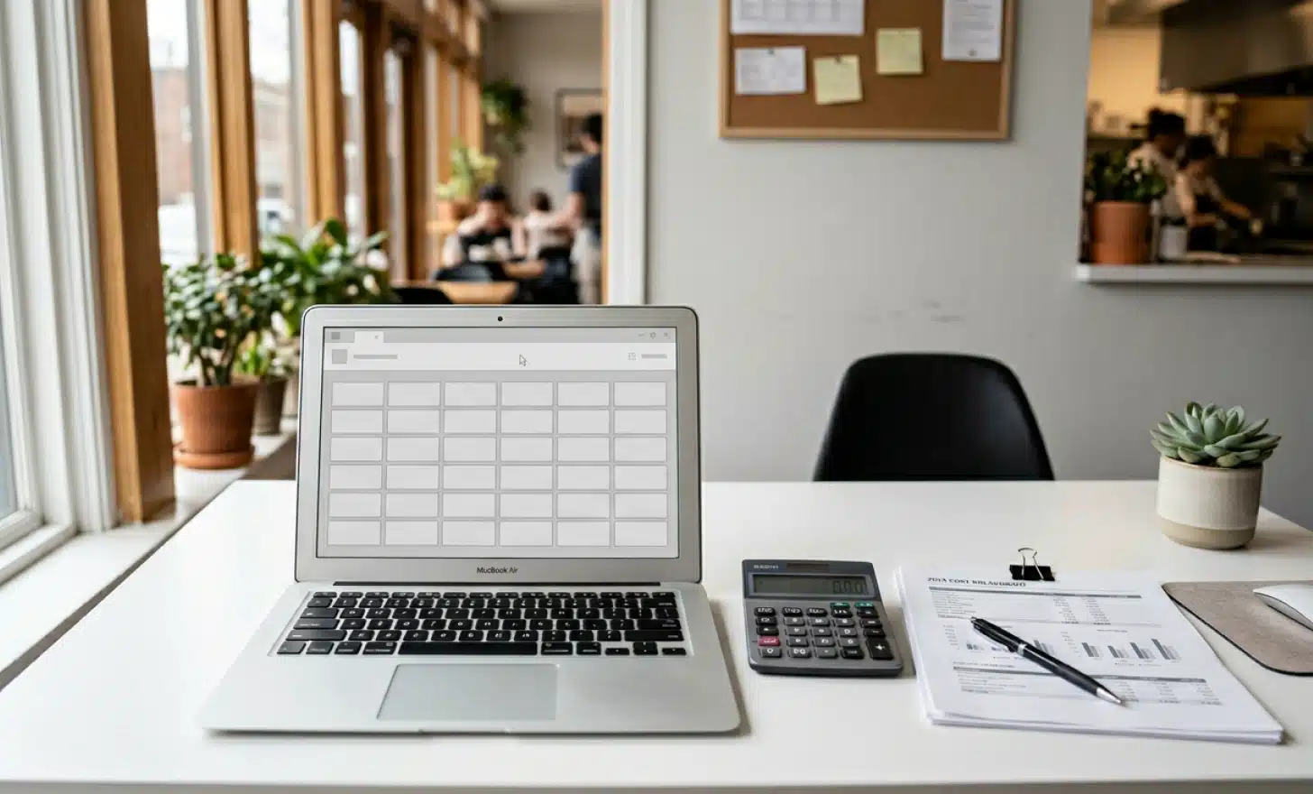 A laptop showing a blank spreadsheet grid and a calculator on a restaurant office desk, representing a yearly menu cost calculation.