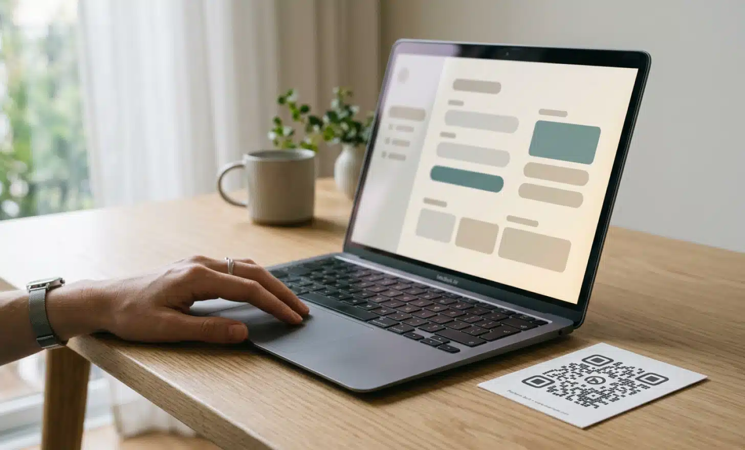 A laptop with a blurred setup interface beside a generated QR code on a card.