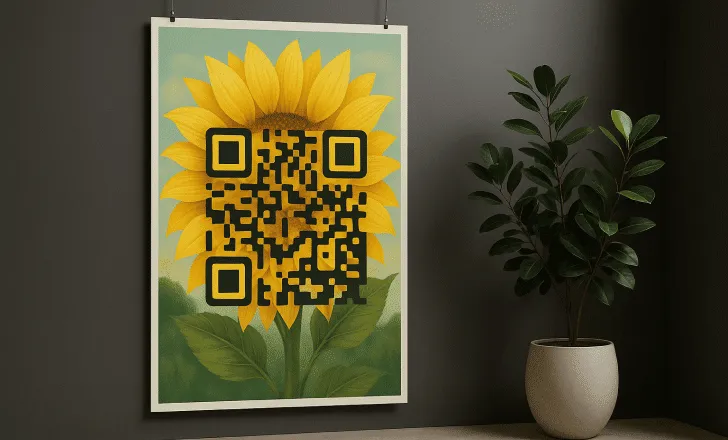 Une grande affiche avec un design de tournesol intégré dans un QR code IA accrochée sur un mur sombre