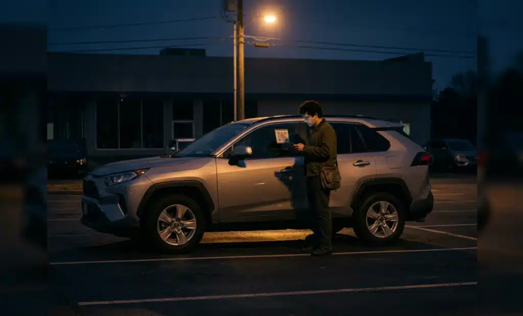 A lone shopper reading their phone beside a parked SUV at night on a dealership lot while the showroom stands dark behind.