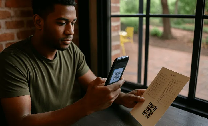 Un hombre en una mesa de café escanea un código QR en un menú impreso usando su smartphone, con luz natural entrando por una gran ventana.