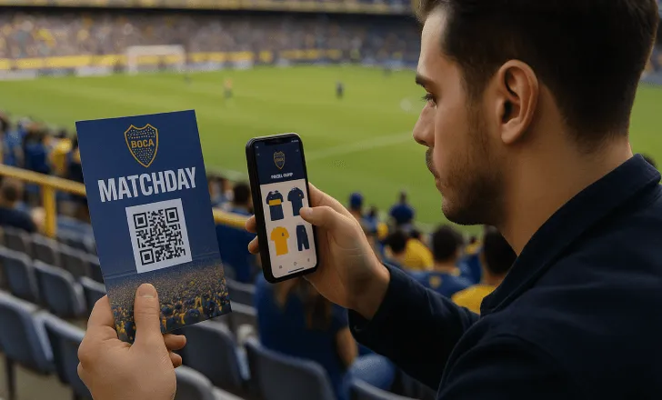 Um homem em um estádio de futebol escaneia um QR code em um panfleto de dia de jogo enquanto vê produtos do Boca Juniors no celular