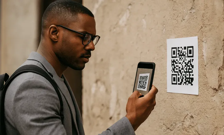 A man in a gray blazer scans a QR code posted on a textured wall using his smartphone, focused and thoughtful.