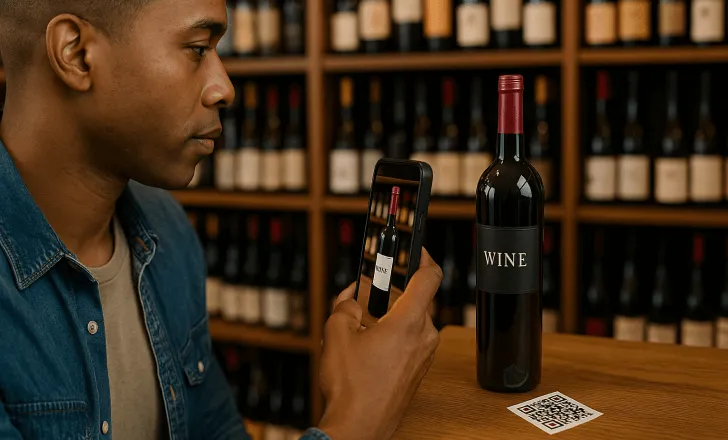 A man scanning a QR code with his smartphone in a wine store, revealing a digital AR version of the same wine bottle displayed on a wooden counter.