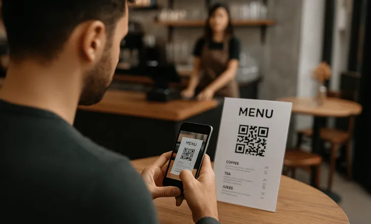 A man scans a QR code menu at a wooden table inside a café while a barista stands in the background.