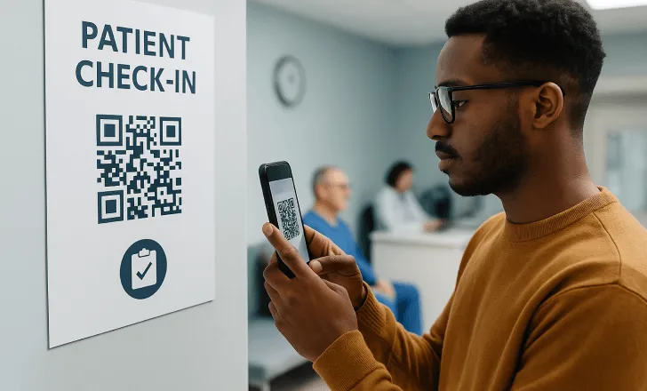 A man scans a QR code on a check-in sign at a medical facility while others wait in the background.