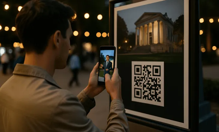 A man scans a QR code on an event poster and views an AR tour guide on his smartphone at night.