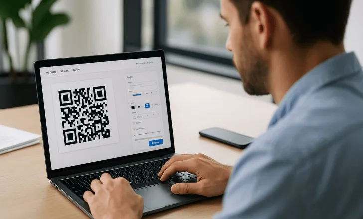 A marketer customizing a QR code on a dashboard interface in a bright office setting.