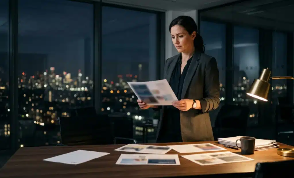 A marketer reviews campaign proofs alone in a dim office at night, setting one aside.