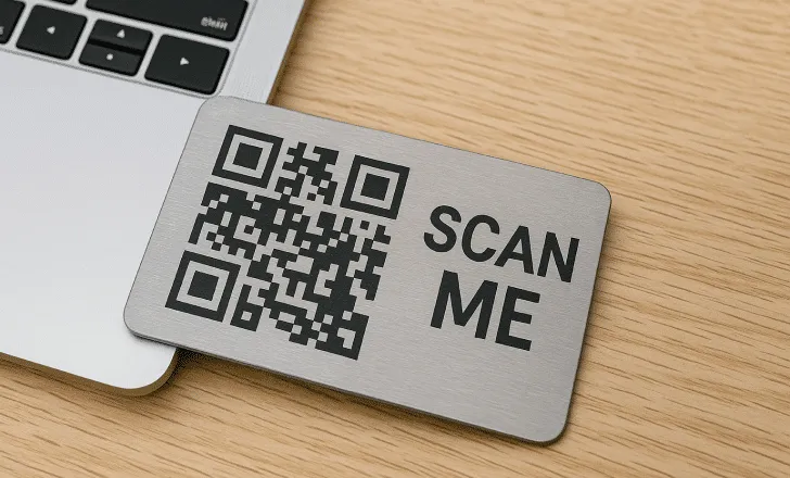 A metal QR code plate labeled “SCAN ME” beside a laptop on a wooden desk.
