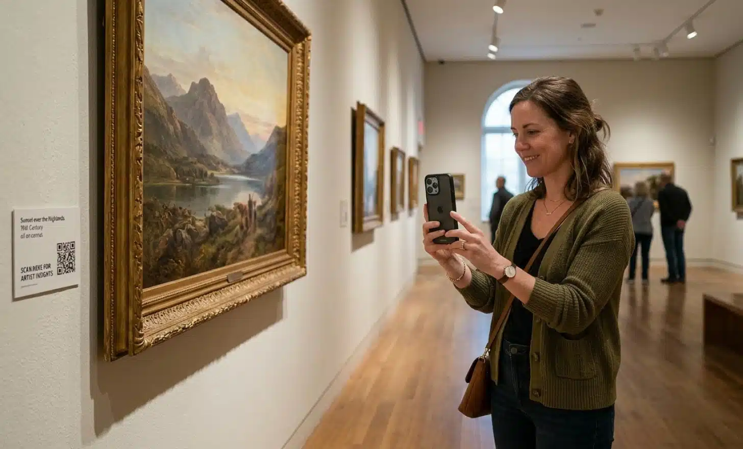 A museum visitor scanning a QR code next to an artwork, looking at their phone with curiosity