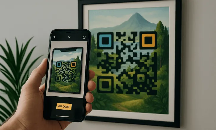Un QR code IA sur le thème de la nature intégré dans un tableau encadré étant scanné avec un smartphone