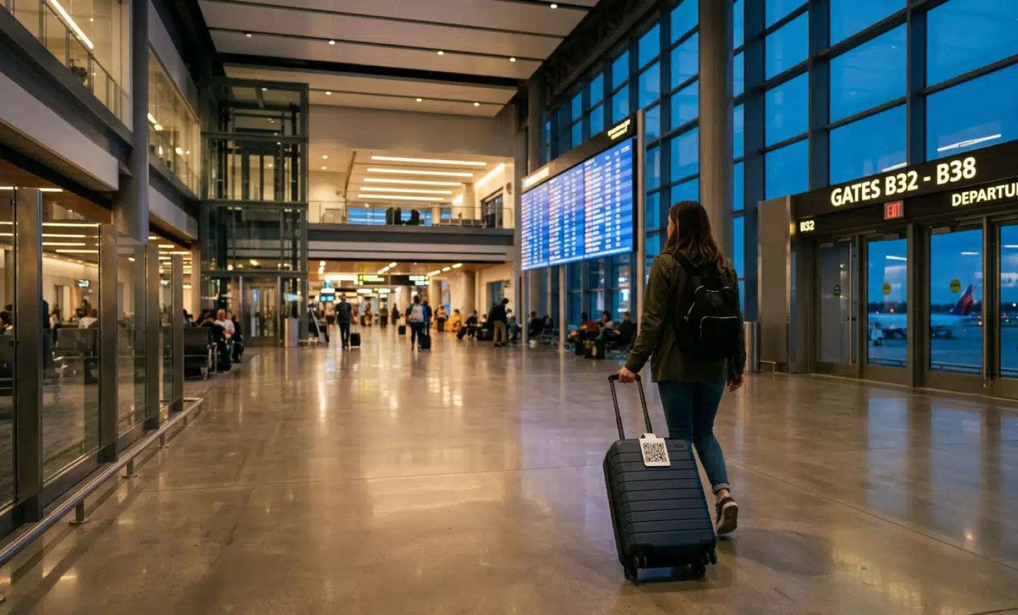 A passenger walking through an airport terminal with a QR code tagged suitcase at dusk.