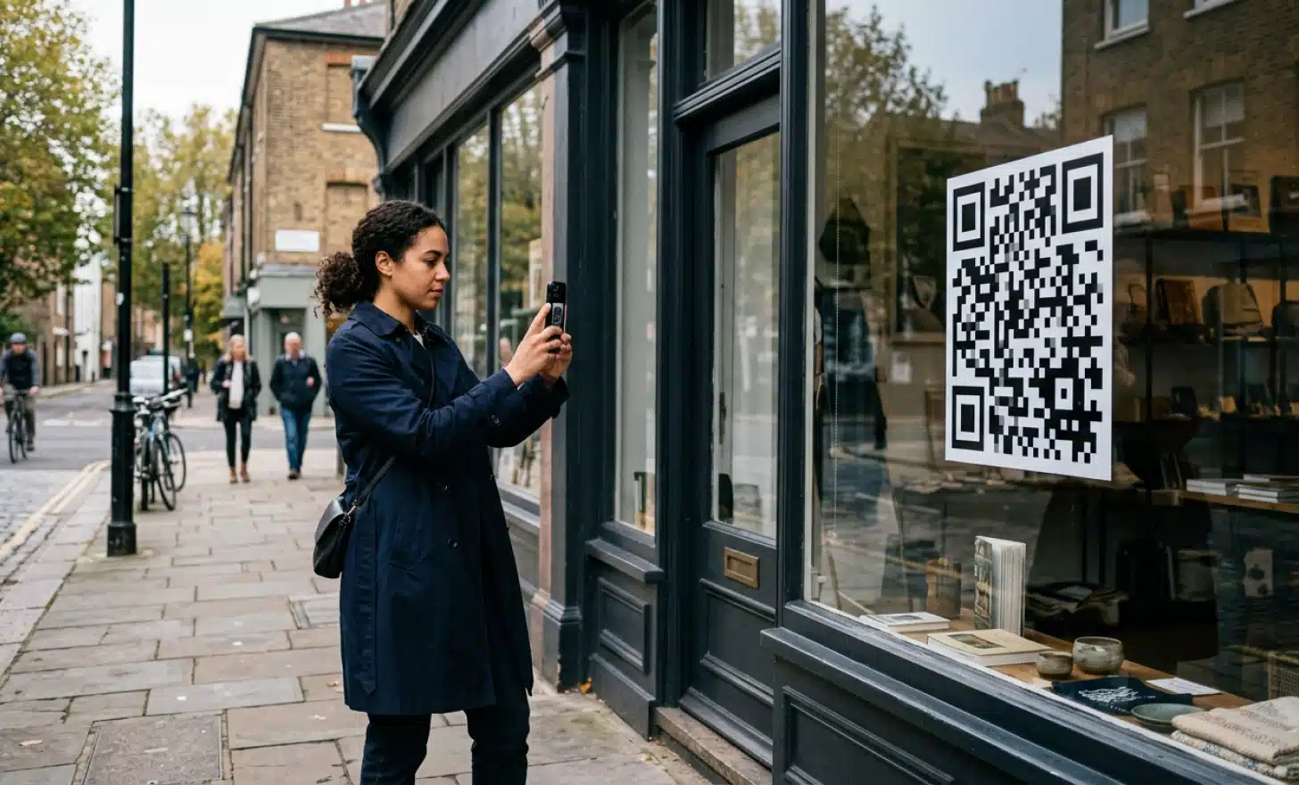 A pedestrian scanning a QR code displayed on a small shop window from the street.