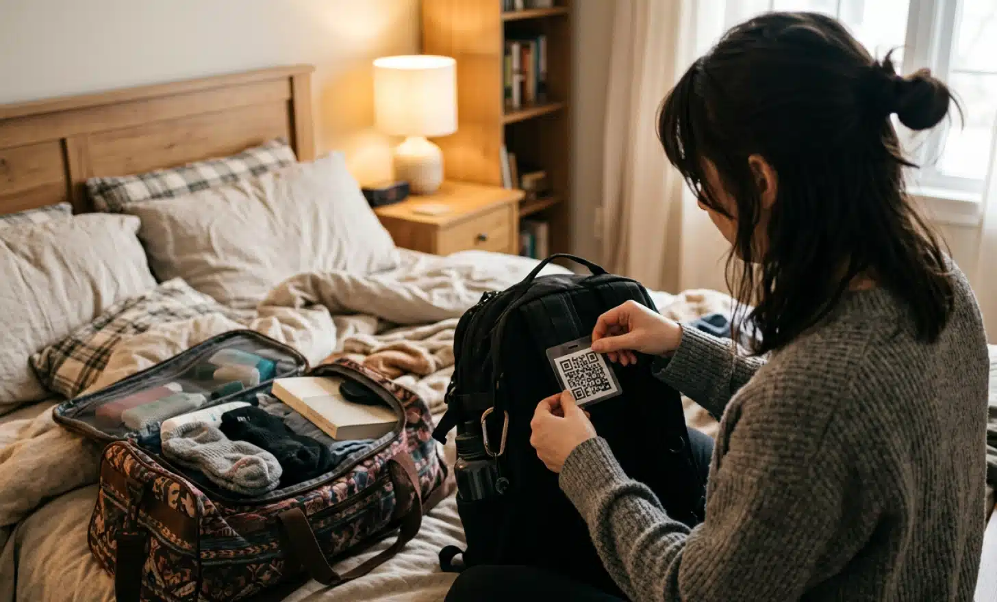 A person attaching a printed QR code tag to a backpack while packing at home.